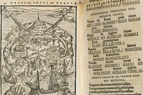 The inset map of Utopia, with the accompanying Utopian script (and Latin translation just below it).