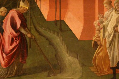 A 15th-century painting illustrates the miracle of San Frediano diverting the Serchio River in Tuscany in the sixth century, a local legend that endures in the region even today.