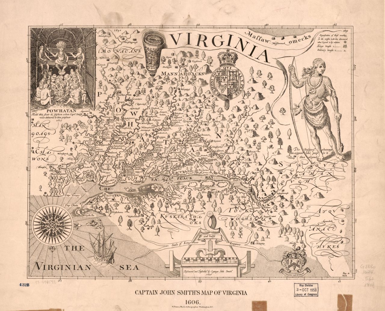 This map by John Smith became the defining image of Virginia for many Europeans throughout the 1600s. The presence of Powhatan, a powerful indigenous leader, both through pictures and regional names, is one of its most striking features. 
