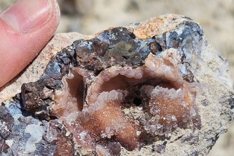Pink quartz crystal from broken geode at Dugway
