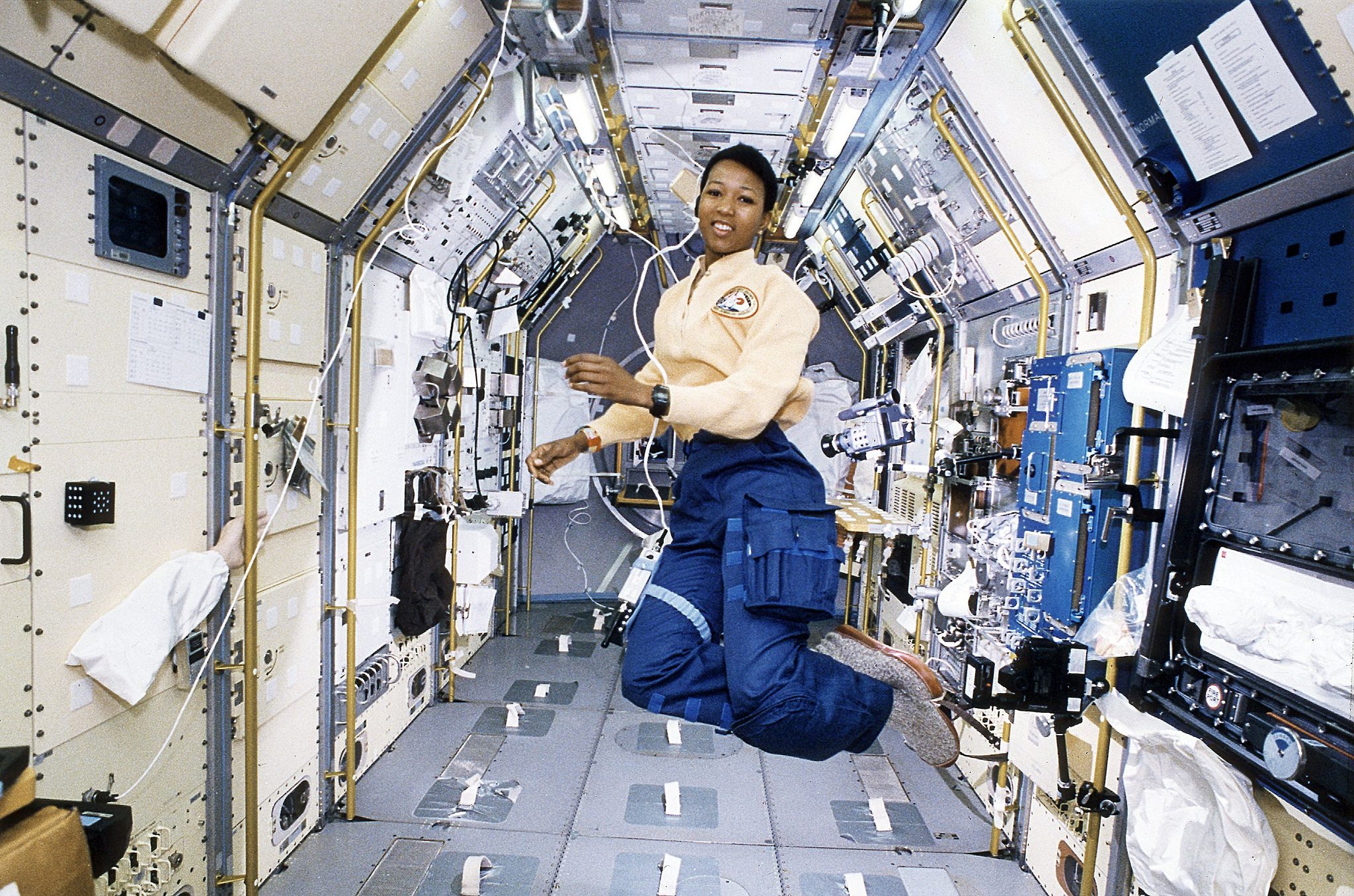 Space Shuttle Endeavour (STS-47) onboard photo of Astronaut Mae Jemison working in Spacelab-J module. 
