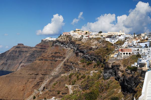 The modern town of Fira, on the Greek island of Santorini, is built on the cusp of the ancient volcano's caldera.