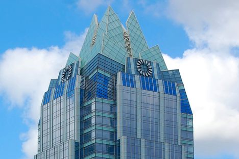 The two Frost Bank logos make up the eyes of the "Owl Building."