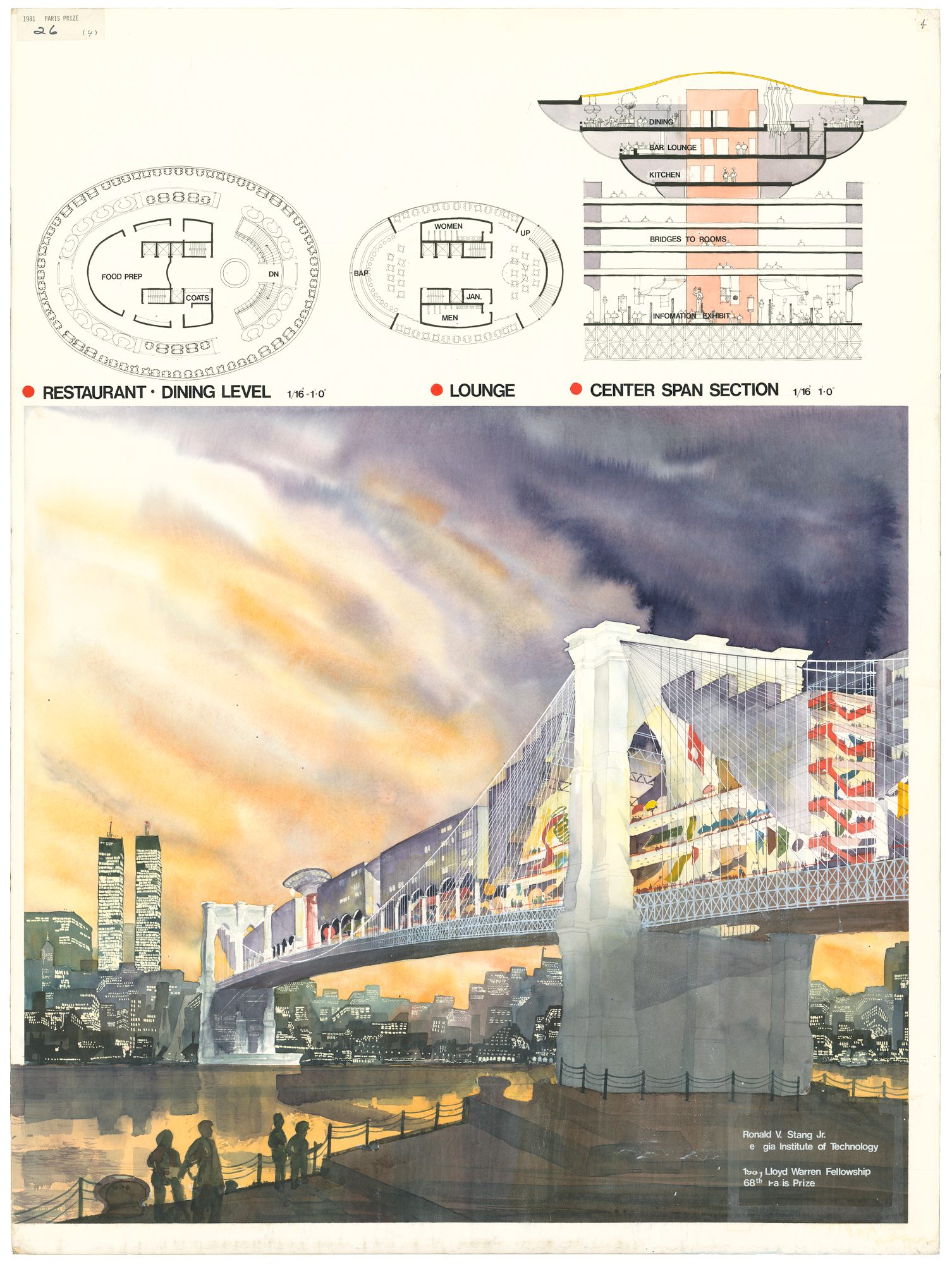 Ronald V. Stang's entry for 68th Lloyd Warren Fellowship, Paris Prize in Architecture, <em>Recycling the Brooklyn Bridge</em>, 1981.