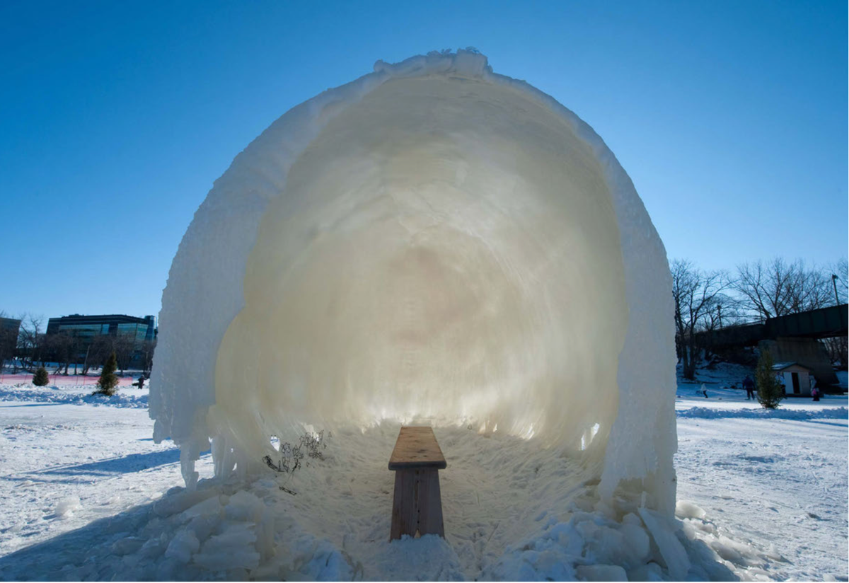 For "Ice Pillows," from 2012, water from sprinklers freezes to create a sheltering arch.