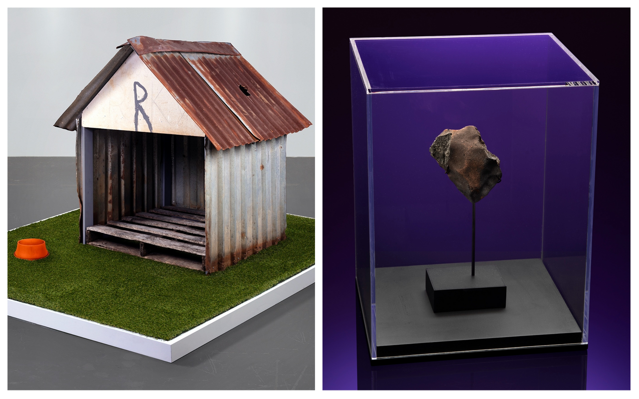 Rocky's doghouse (left) is the first meteorite-impacted object Christie's has ever sold. The successful London bidder who purchased the doghouse also bought the meteorite that struck it (right).