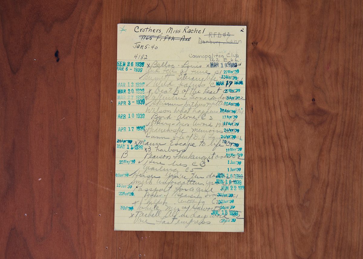 Playwright Rachel Crothers' charging records, with her borrowing activity from February to July of 1939.