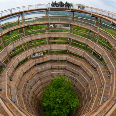 Visitors stand on a 130-foot-high spiral tower.