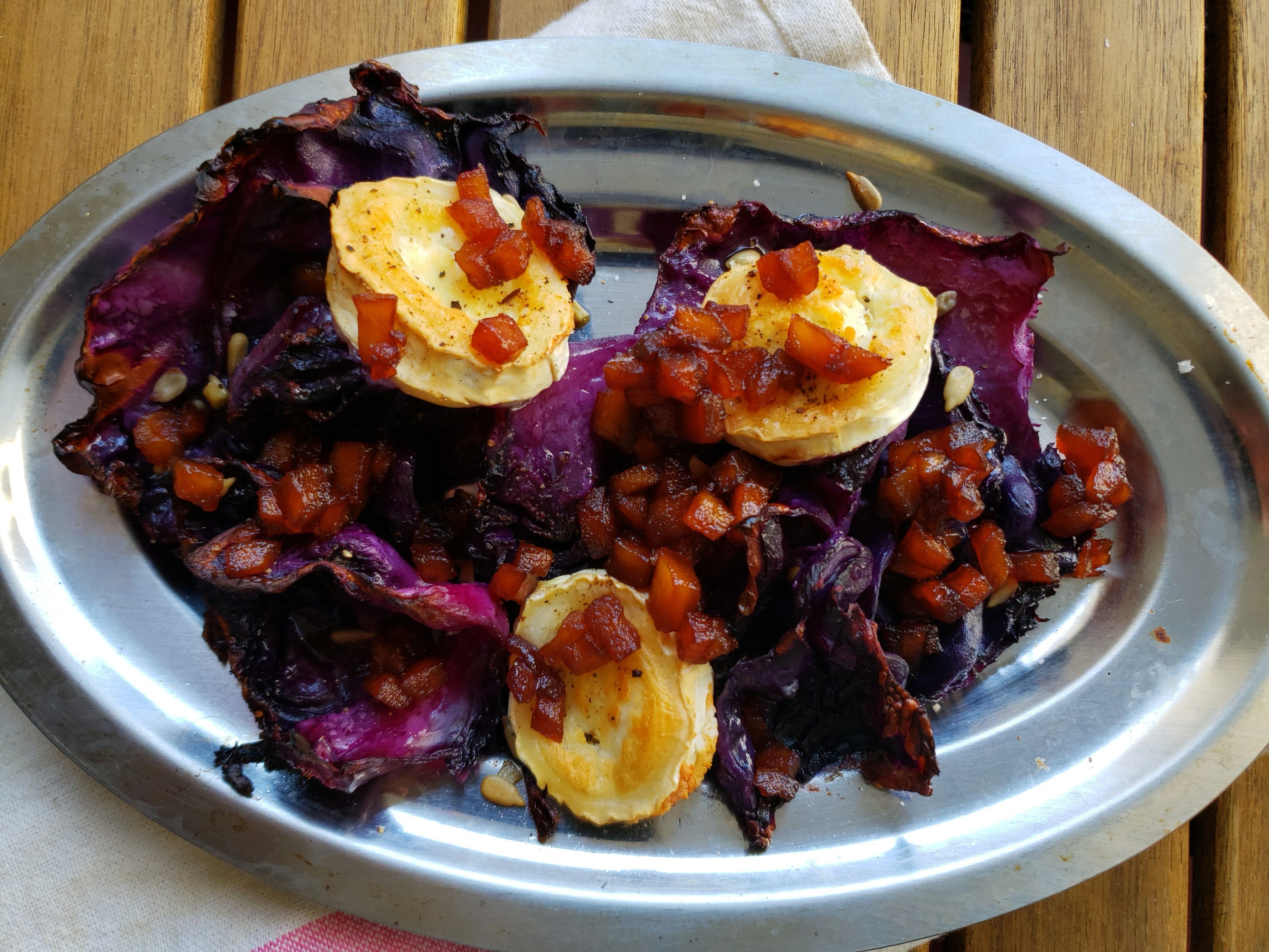 Liran Tal's red cabbage is massaged with miso butter and decked out in cumin seeds, goat cheese, and date-vinegar chutney.