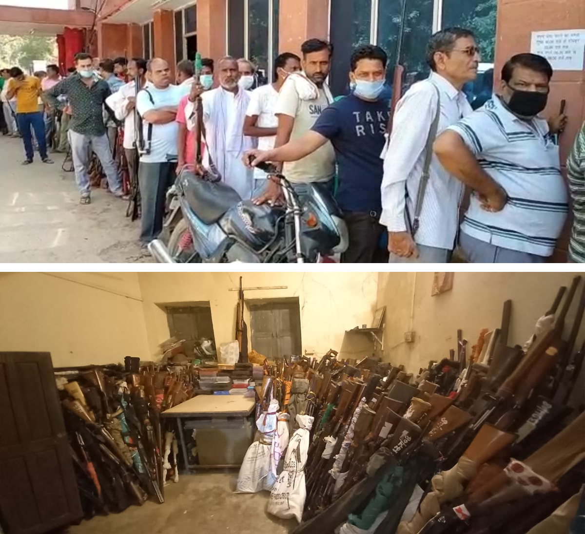 Locals line up to "surrender" their guns (top) at a police station, where they are held (bottom) for election season.