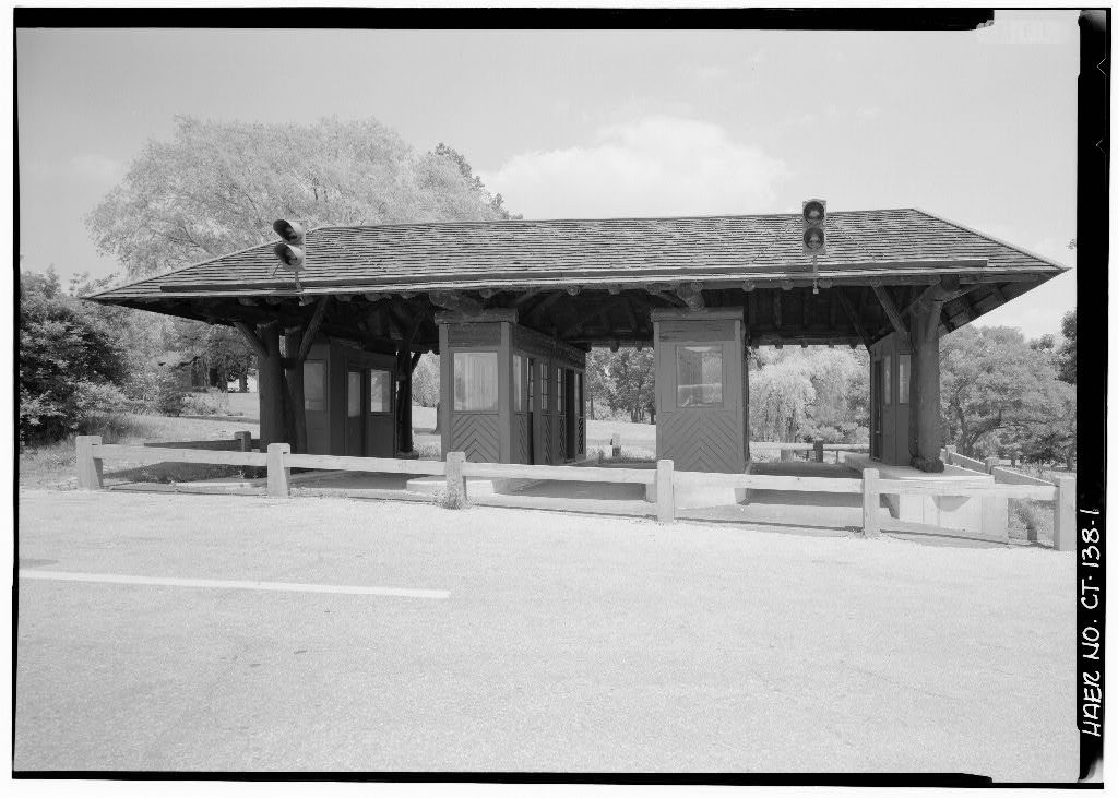 A Merritt Parkway tollbooth preserved at Boothe Memorial Park.