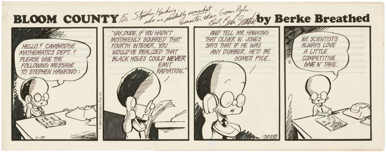 This <em>Bloom County</em> comic strip spoofed Stephen Hawking's work, to the physicist's delight. 
