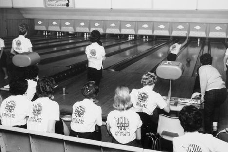 Women bowling in 1963 who presumably (?) are not undercover.