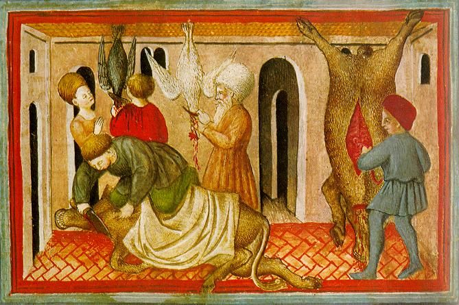 A 15th-century depiction of <em>schechita</em> (the slaughtering of certain animals according to the laws of <em>kashrut</em>). 