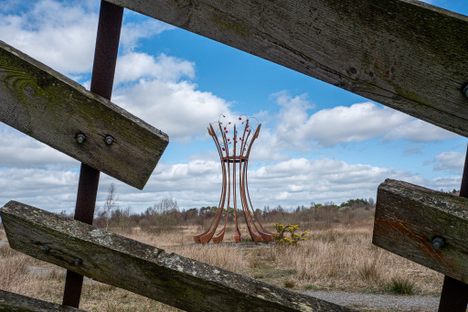 The view of one sculpture, “Cycles,” while inside of another, “Boora Convergence.”