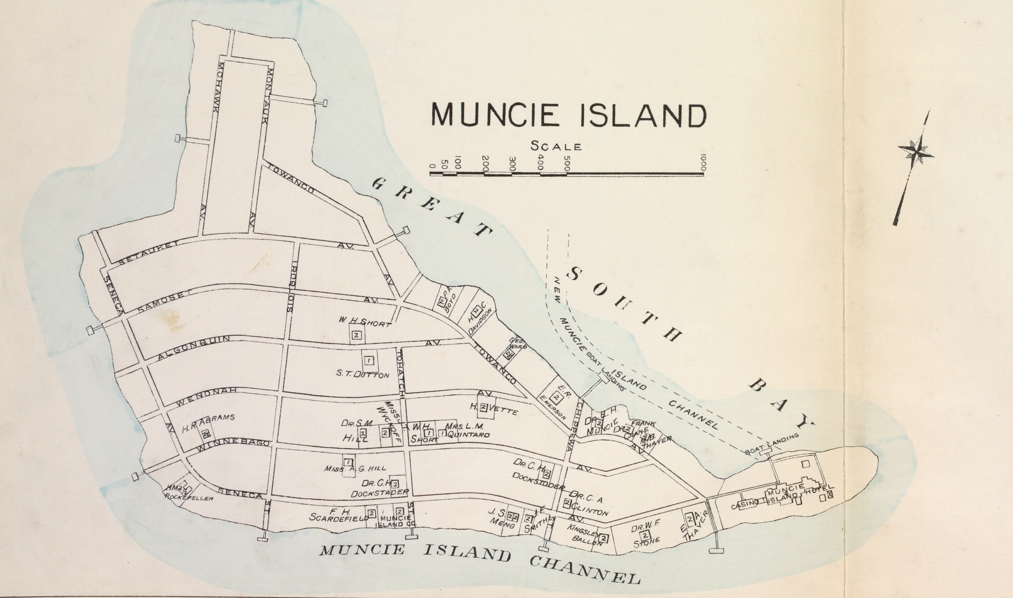 A map of Muncie Island shows the sanatorium on the north coast. The island was destroyed to make way for a shipping channel.