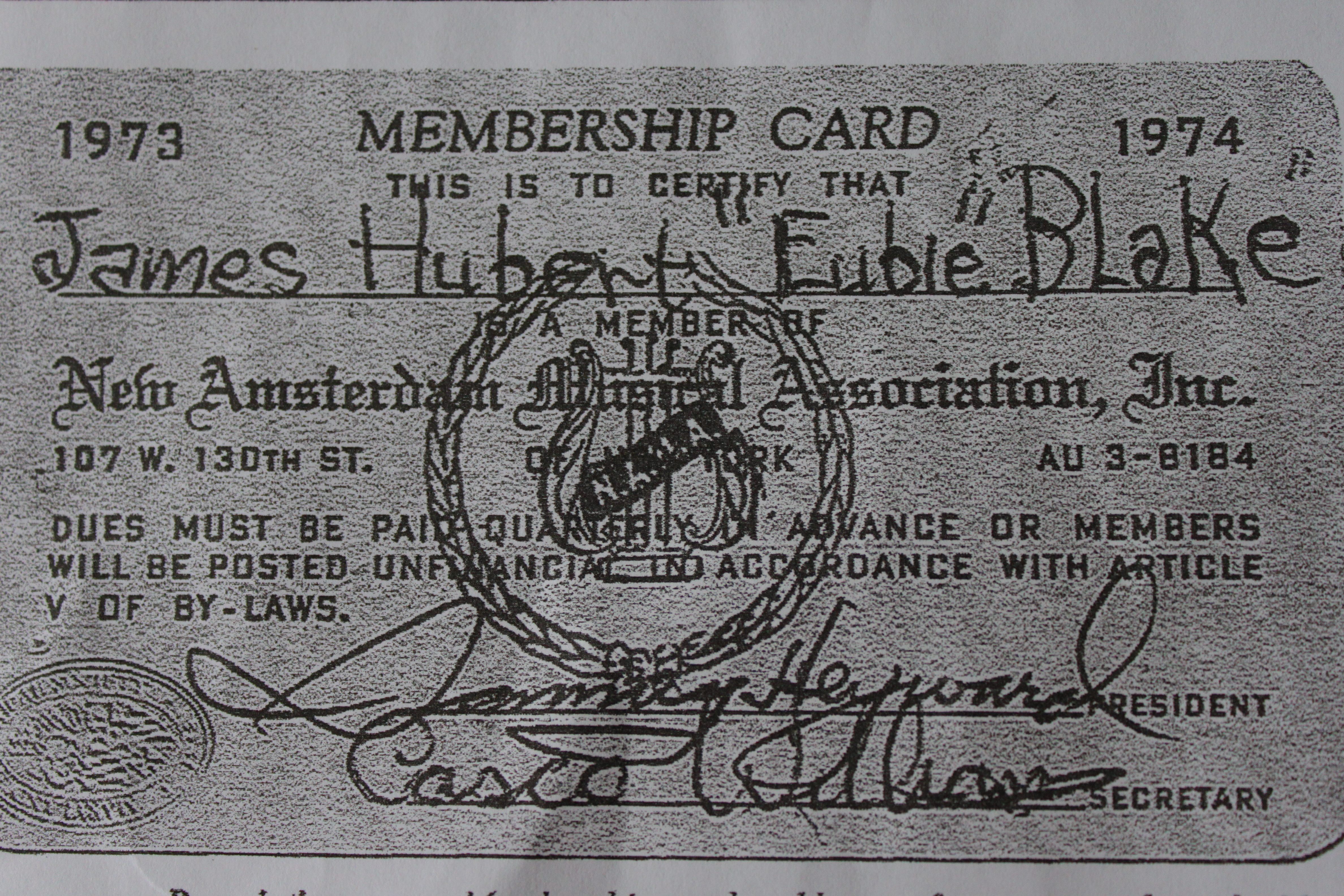 Eubie Blake's membership card