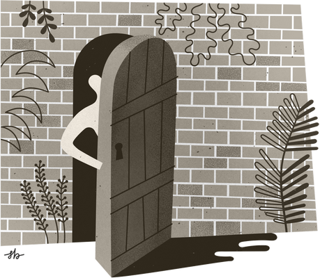 Illustration of a person peeking out from the door of a brick building covered in plants.