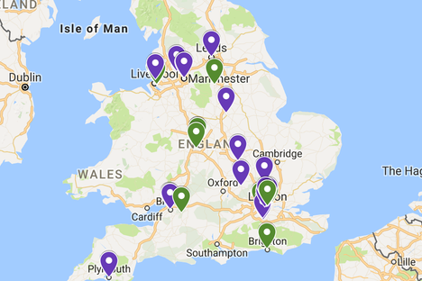 A screenshot of the map shows the color-coded sites spread across England.