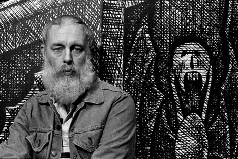 Edward Gorey in 1977, on the set he designed for a stage production of Dracula on Broadway. 