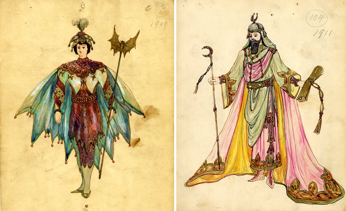 Some of Wilde's costume designs for the "Flights of Fancy"-themed 1909 parade (left) were later used in the posthumous 1925 "Realms of Phantasy" parade.