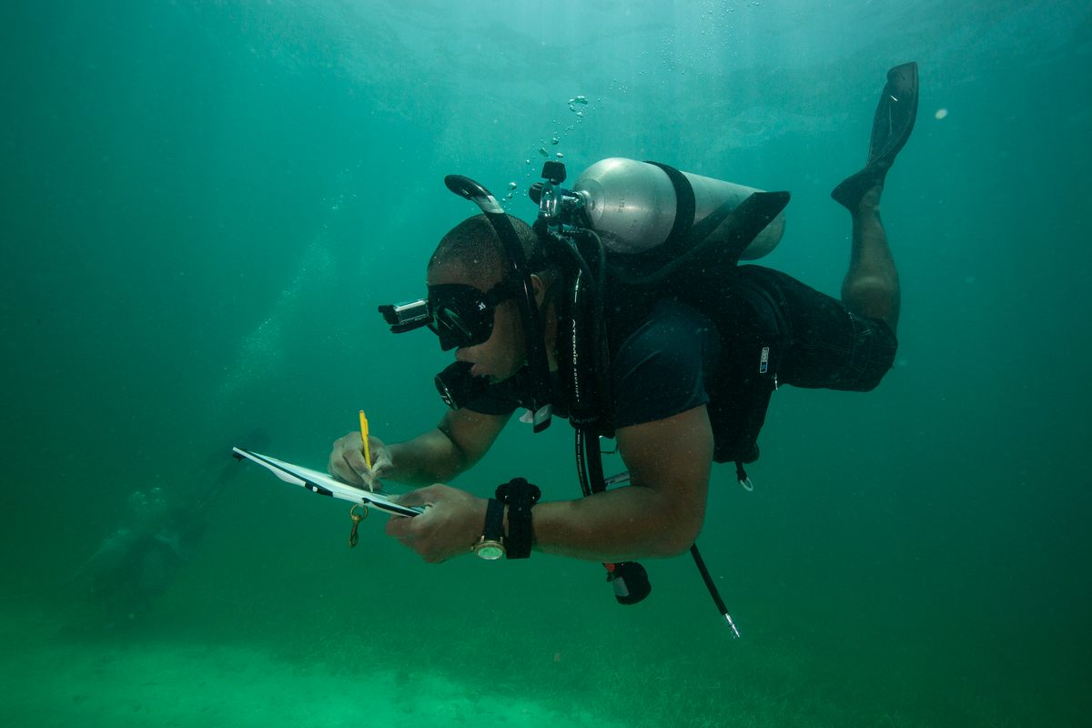 A member of the Diving With a Purpose team takes notes on a survey site.