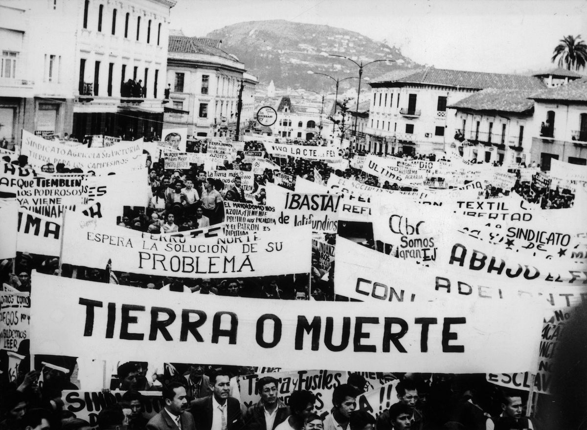 Dolores Cacuango co-founded the Ecuadorian Federation of Indians, the first Indigenous organization in the country. Here, members protest agrarian reforms in Quito in 1961.
