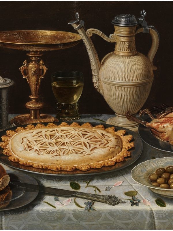 Clara Peeters, Table With a Cloth, Salt Cellar, Gilt Tazza, Pie, Jug, Porcelain Dish With Olives, and Roast Fowl, c. 1611