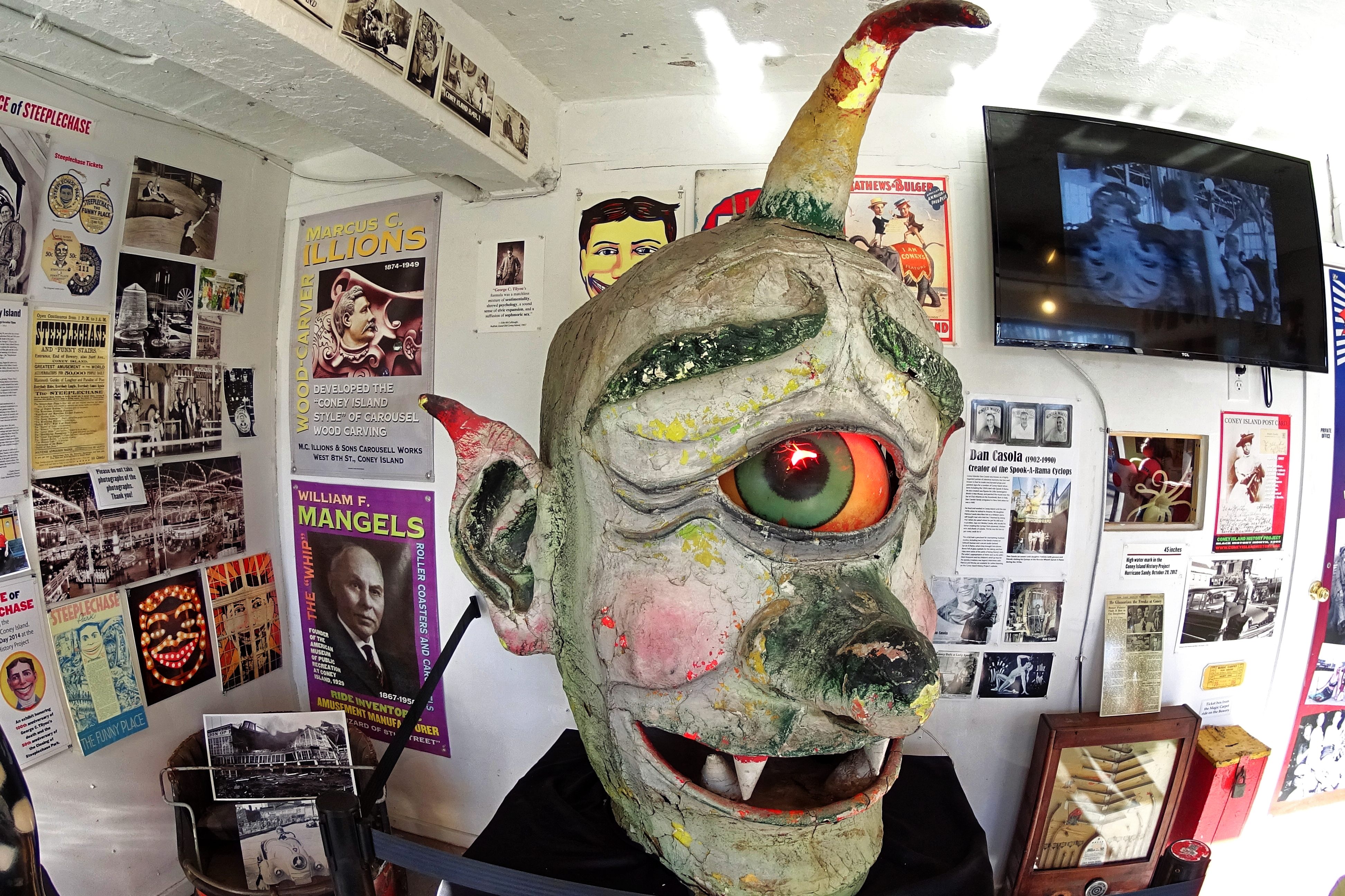 “Cy” the cyclops loomed over Spook-a-Rama until it was damaged by Hurricane Sandy, then salvaged and put on display by the Coney Island History Project.