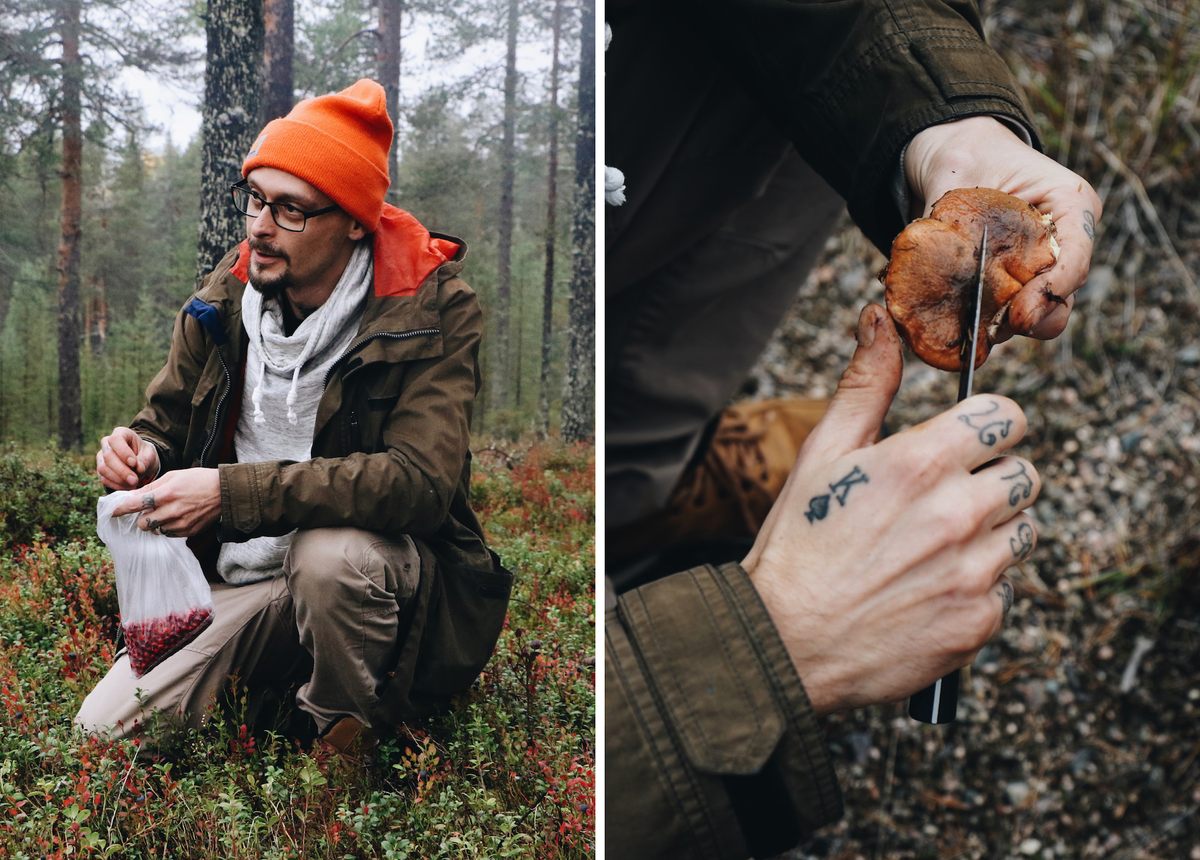 Seitamo gathers berries (left), and checks mushrooms for worms.