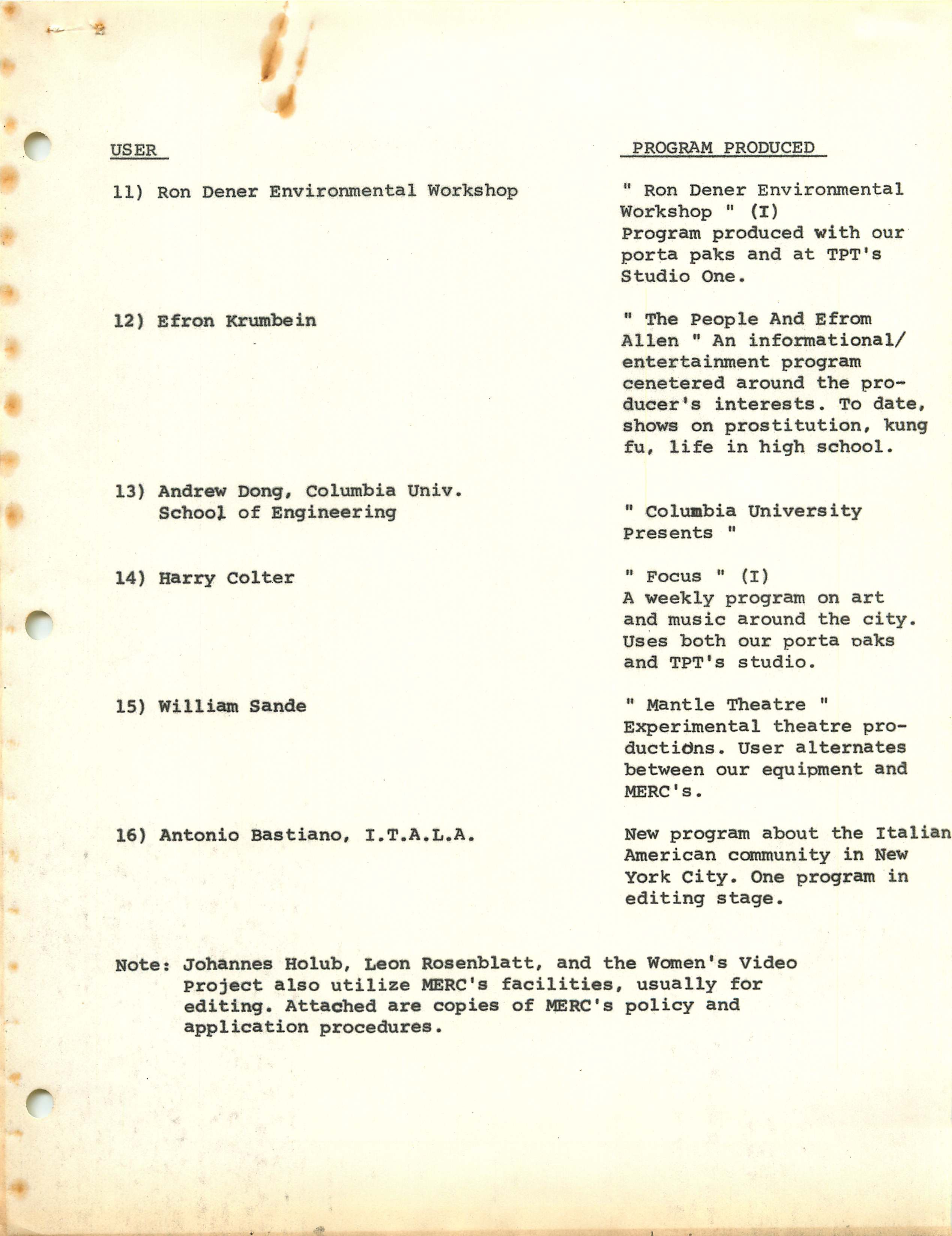 Portable video freed alternative media-makers. This is a list of some of the public access programs aired on Manhattan Cable Television in 1974. 