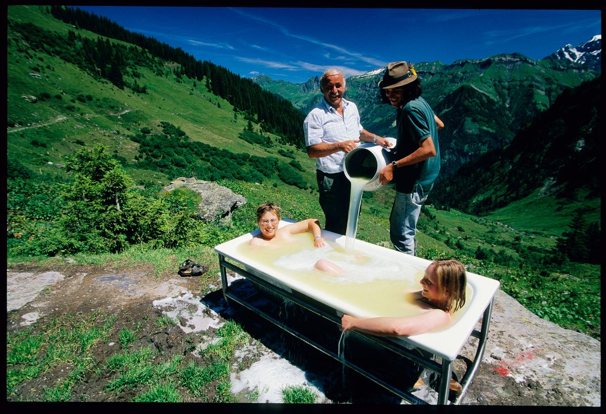 Taking a whey bath in the Alps, 1997.