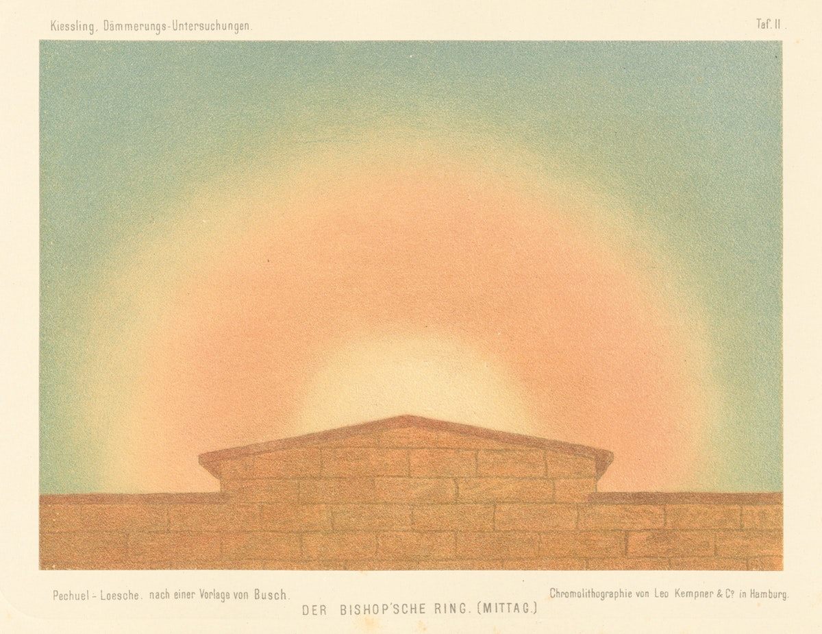 Pechuël-Loesche's aquarelles depict a number of visual effects caused by volcanic eruptions, such as this "bishop's circle"—a halo around the sun—repainted from another artist.