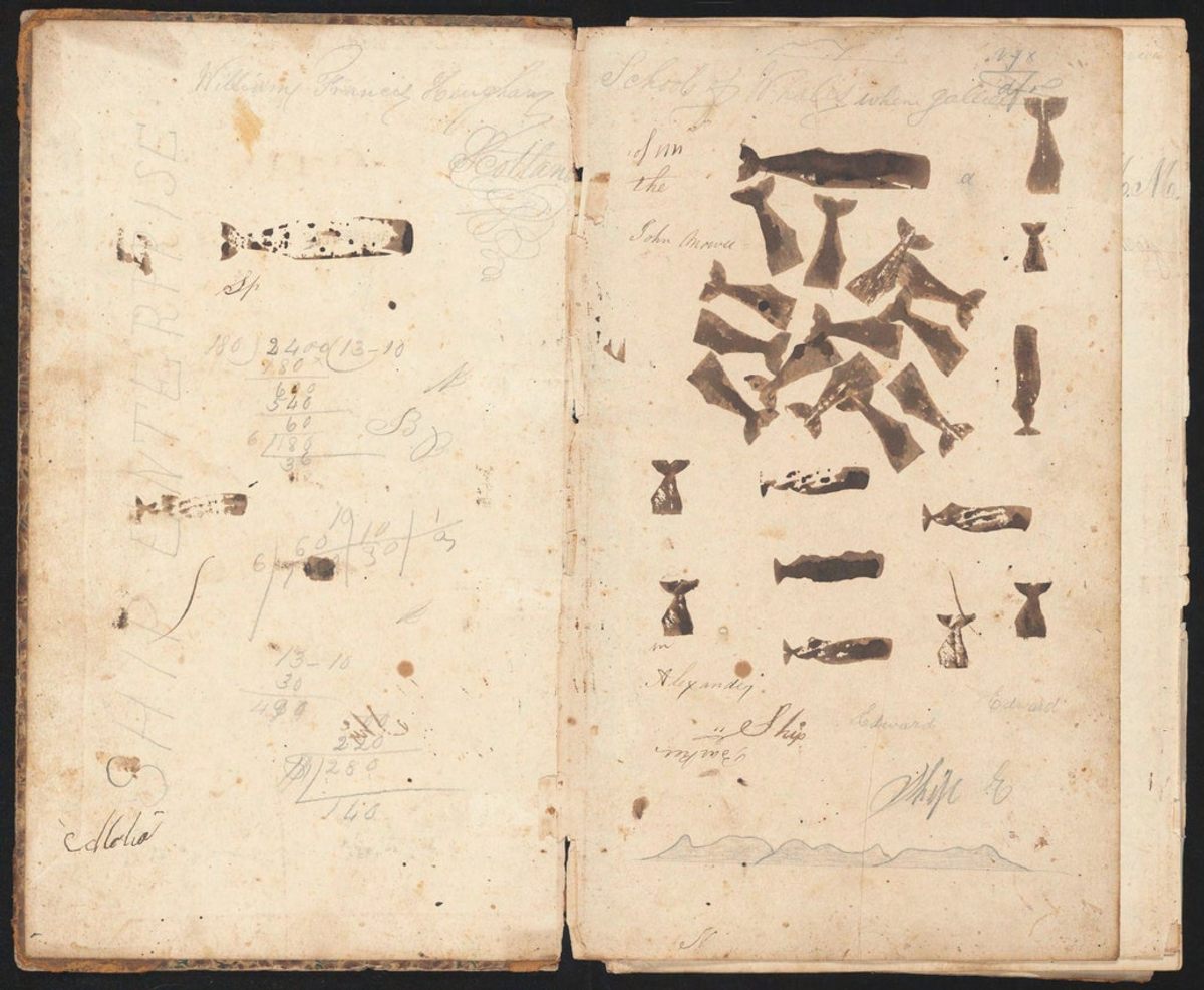 Whale stamps in the opening endpapers of the log of the ship <em>Alabama</em>, kept by Barker B. Marshall.