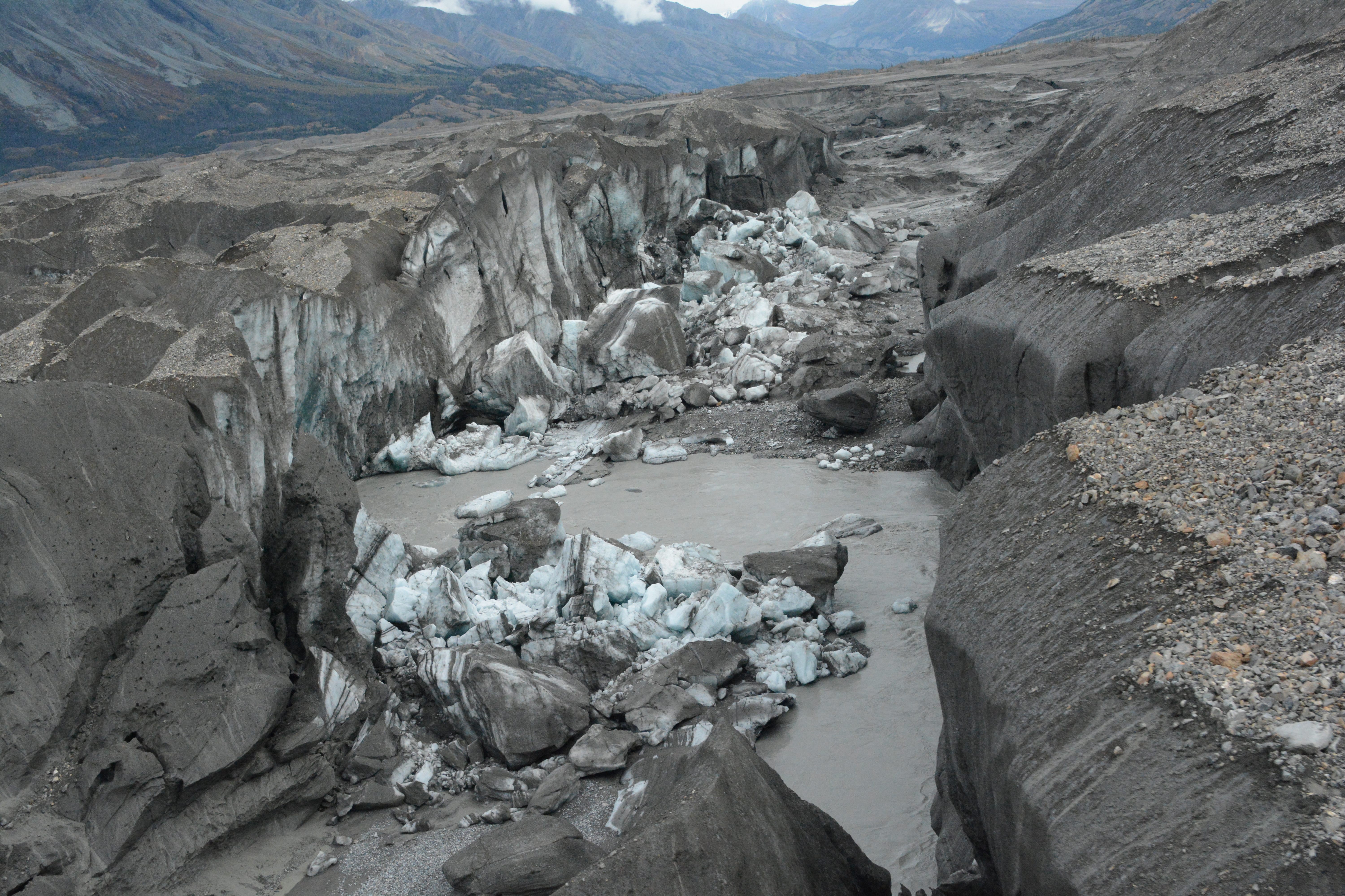 Close-up view of the ice-walls that shifted the course of two rivers.