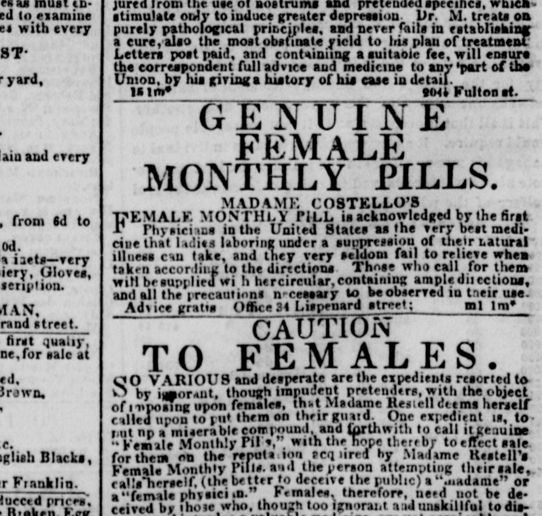 Nineteenth-century newspaper advertisements for birth control and abortifacients used euphemisms. This one from 1847 offers pills of 