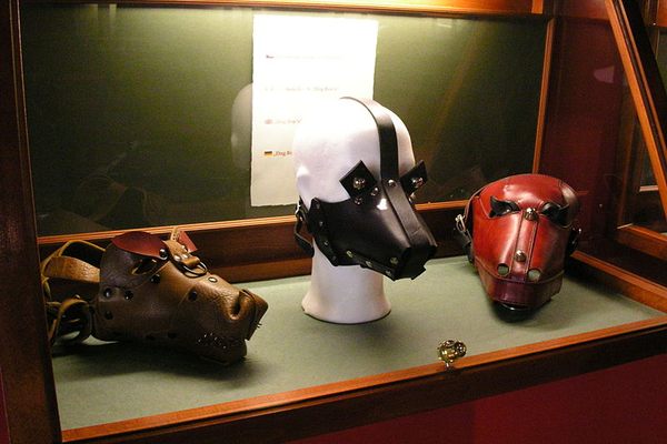 BDSM masks in the sex machines museum in Prague.