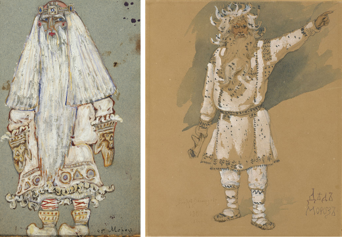Costume designs for Ded Moroz from Alexander Ostrovsky's <em>The Snow Maiden</em> (left) and the Nikolai Rimsky-Korsakov opera based on it (right).