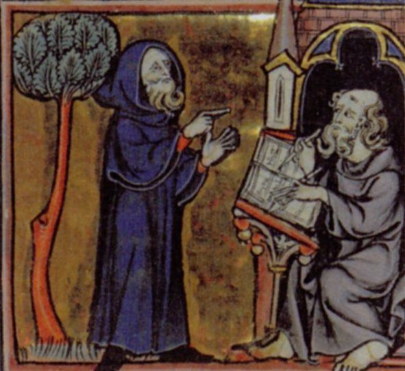 A 13th-century depiction of Merlin, dictating prophecies.