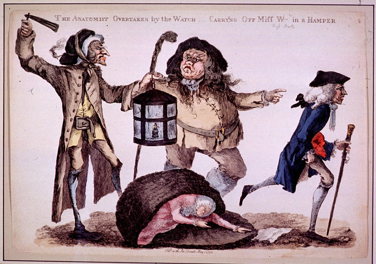 "The Anatomist overtaken by the Watch carry'ng off Miss W in a hamper." William Austin, 1773.