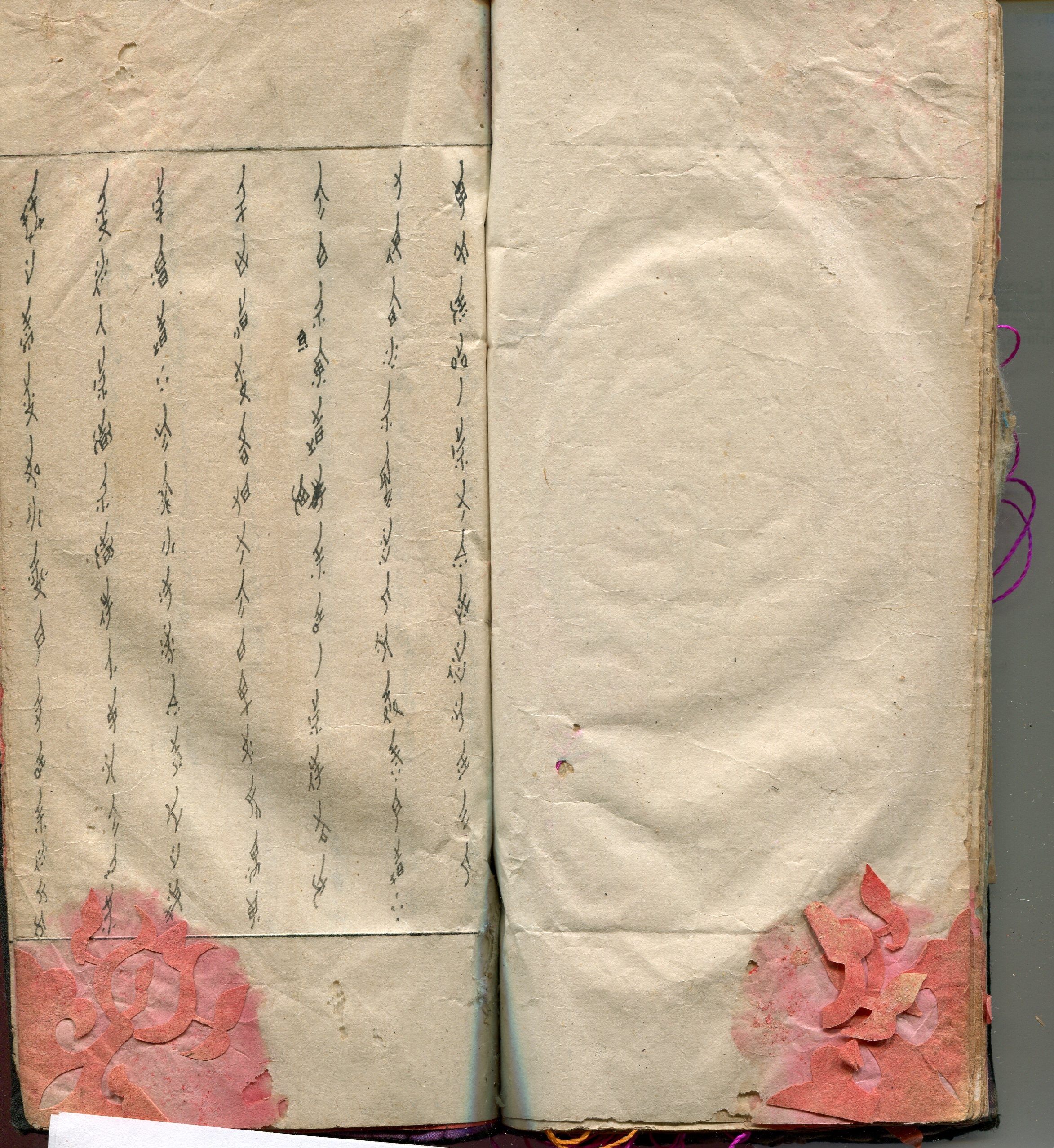 The first page of a third day missive book. Women commonly stored paper cuts and embroidery thread and patterns between the pages.