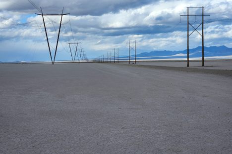 Looking north along the powerline road on Delamar Dry Lake.  This road intersects US-93 in about 23 miles.  The V shape of the high-voltage line on the left is distinctive.