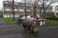 Hippos and mushrooms on display in Glenrothes. 