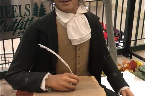 Thomas Jefferson writing the Declaration of Independence (while quoting aloud his instructions to Meriwether Lewis for some reason]