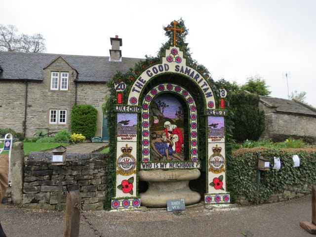 This Tissington well-dressing design, from 2013, marries a biblical theme with slightly more contemporary war imagery. 