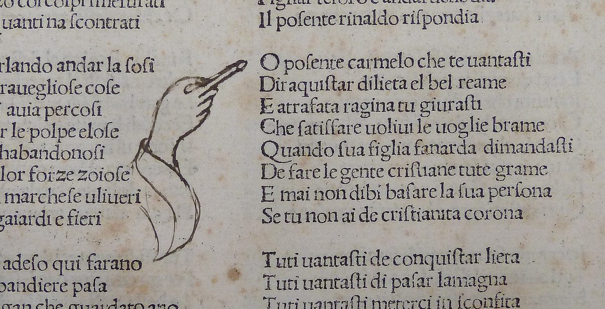 A manicule with a large cuffed sleeve, 1481.