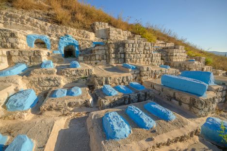 Blue-painted tombs in the historical Jewish cemetery outside the Israeli town of Safed, one of Judaism's holiest towns.