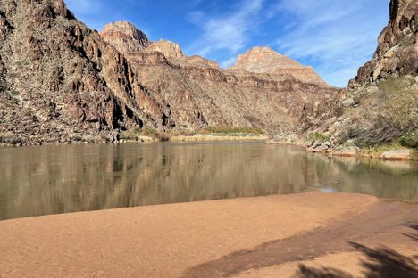 Looking upstream from above Diamond Creek landing.  Grand Canyon National Park to the left of the river; the Hualapai Reservation to the right.