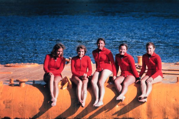 一个全团队的潜水员在1970年是一个新奇。上图从左到右:安Hartline,西尔维娅·厄尔,雷真的,艾琳娜Szmant,佩吉·卢卡斯债券。