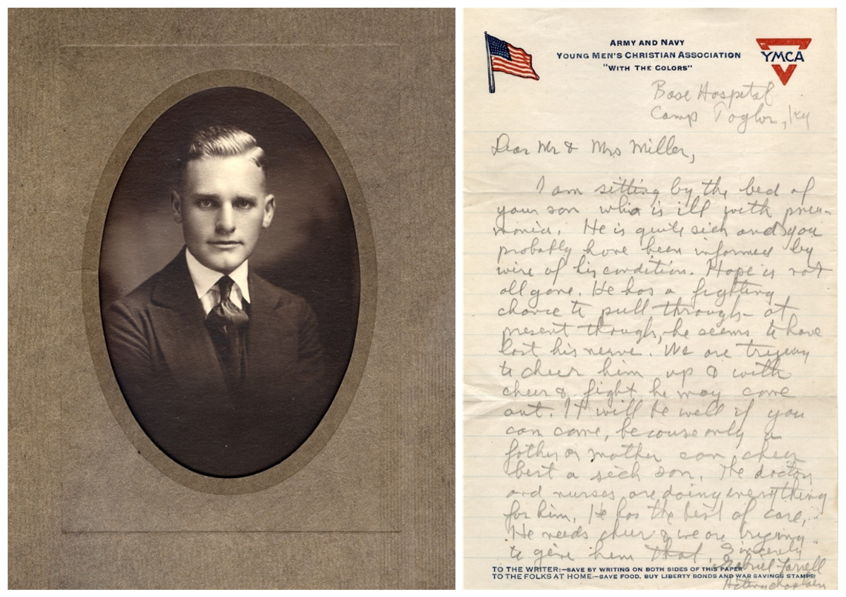 Alton Miller (left); a letter from a military chaplain to Miller's mother, describing his deteriorating condition and urging her to come (right). Click the image to zoom.